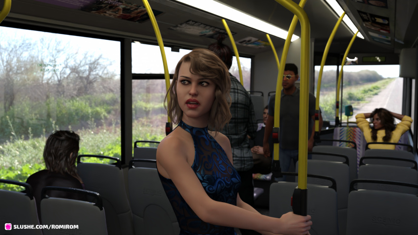 2020 3boys 3d 3girls blonde_hair blue_dress bus bus_interior clothed clothing dress female female_focus lipstick male multiple_boys multiple_girls public red_lipstick romirom slushe_(website) solo_focus vehicle_interior