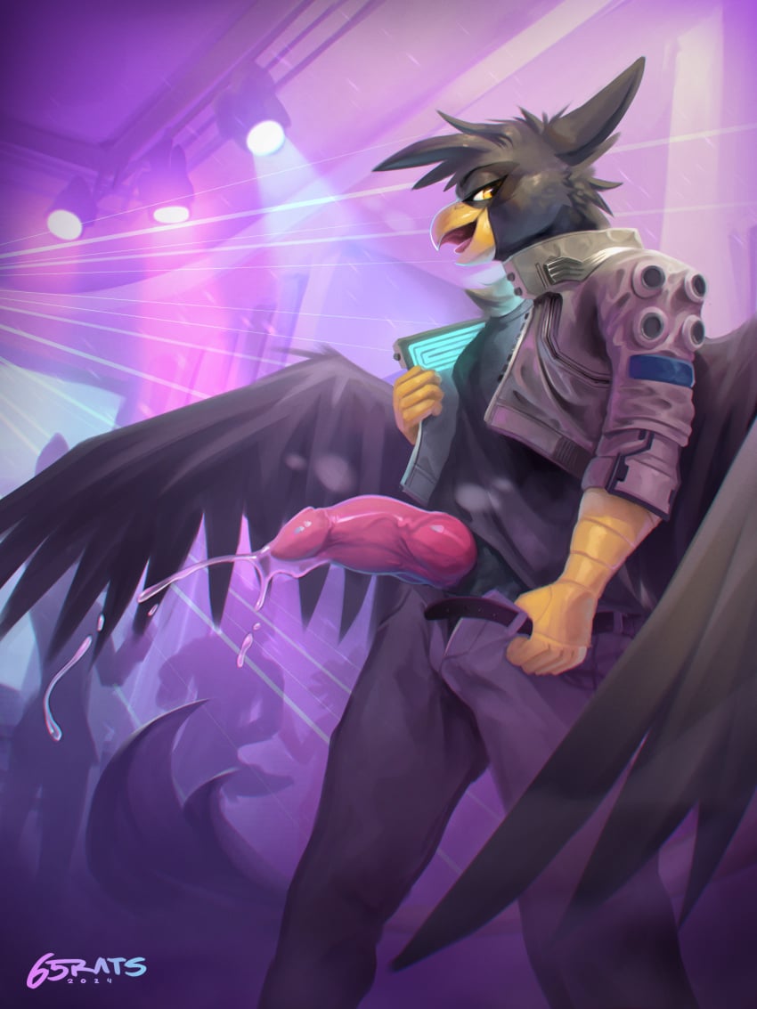 1boy anthro avian beak belt big_penis bodily_fluids bomber_jacket bottomwear bottomwear_down clothed clothing erection feathered_wings feathers genital_fluids genitals grey_body grey_feathers gryphon hi_res jacket lights looking_at_viewer male male_only mythological_avian mythological_creature mythology nightclub open_beak open_mouth pants pants_down partially_clothed penis precum rave solo solo_male st4rs6 standing tail topwear vein veiny_penis wings