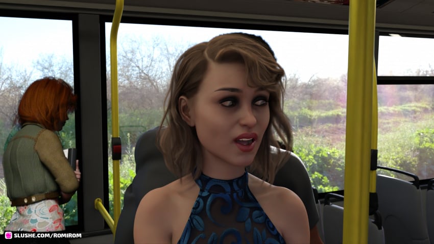 1boy 1boy1girl 1girls 2020 3d blonde_hair blue_dress bus bus_interior clothed clothing dark-skinned_male dress female female_focus implied_insertion implied_penetration lipstick male public public_sex red_lipstick romirom slushe_(website) solo_focus vehicle_interior