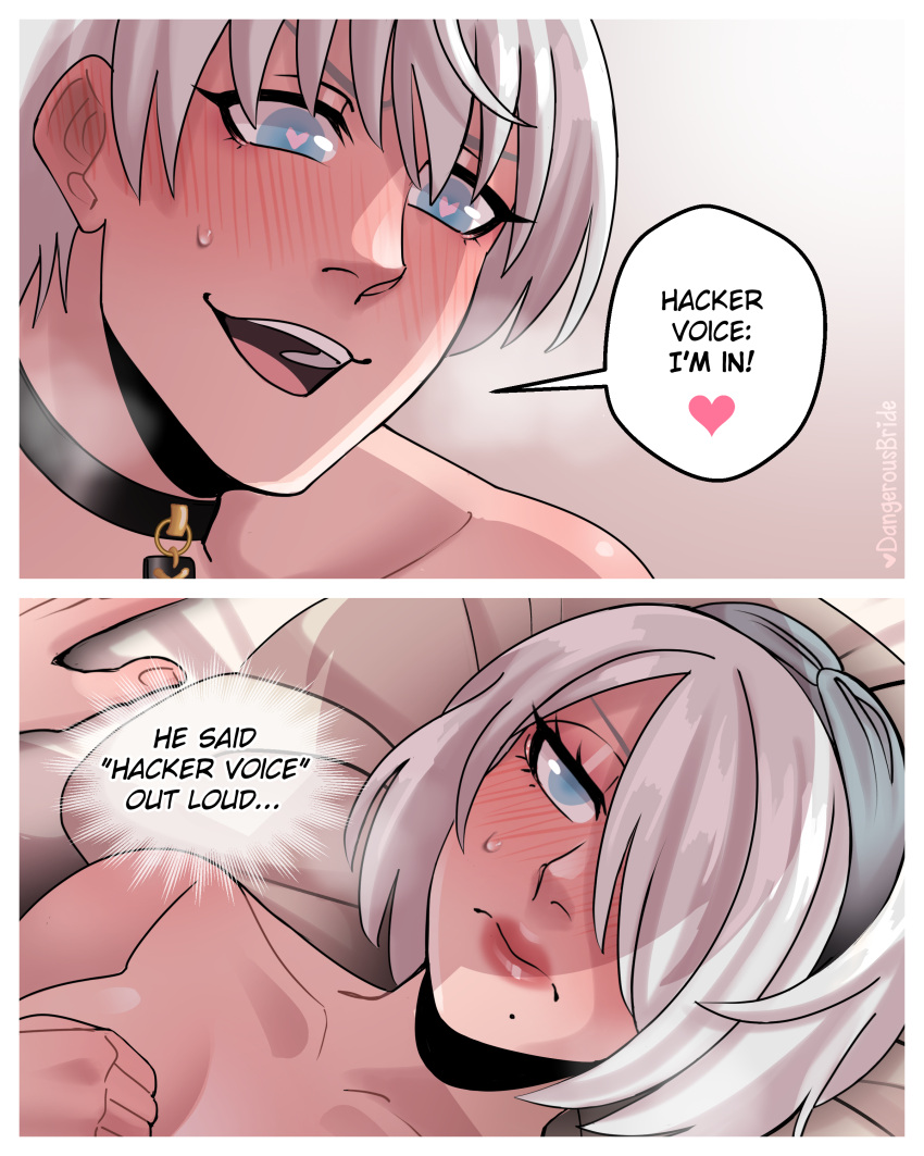 1boy 1girls blue_eyes blush choker completely_nude dangerousbride dialogue english_text female hair_over_one_eye hairband heart heart-shaped_pupils heavy_blush imminent_sex lying lying_on_bed male mole mole_under_mouth nier:_automata smiling speech_bubble very_high_resolution white_hair wholesome yorha_2b yorha_9s