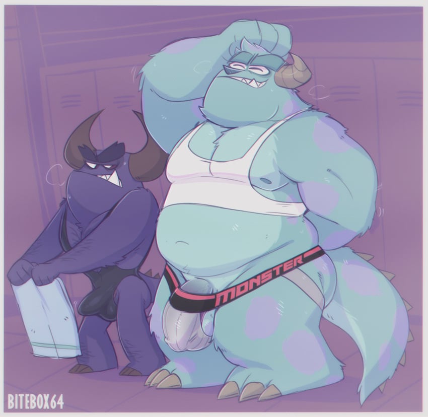 anthro bitebox64 bulge clothing disney duo gay hi_res jockstrap johnny_worthington johnny_worthington_iii locker_room male male_only monster monsters_inc pixar sulley underwear wrestling_singlet