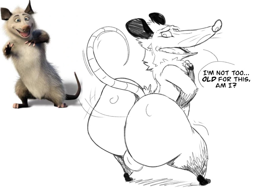 ass big_ass big_butt breathotter bubble_butt dreamworks furry looking_back male over_the_hedge ozzie_(over_the_hedge) paramount_pictures sketch text