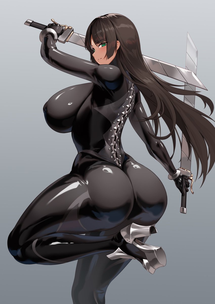 1girls action_pose ass bodysuit breasts brown_hair brown_skin dat_ass felicia_castro female green_eyes high_heels hips holding_object huge_ass huge_breasts jingb_dx long_hair naughty_face original original_character sword tatakau_ataisuru thick_thighs thighs wide_hips