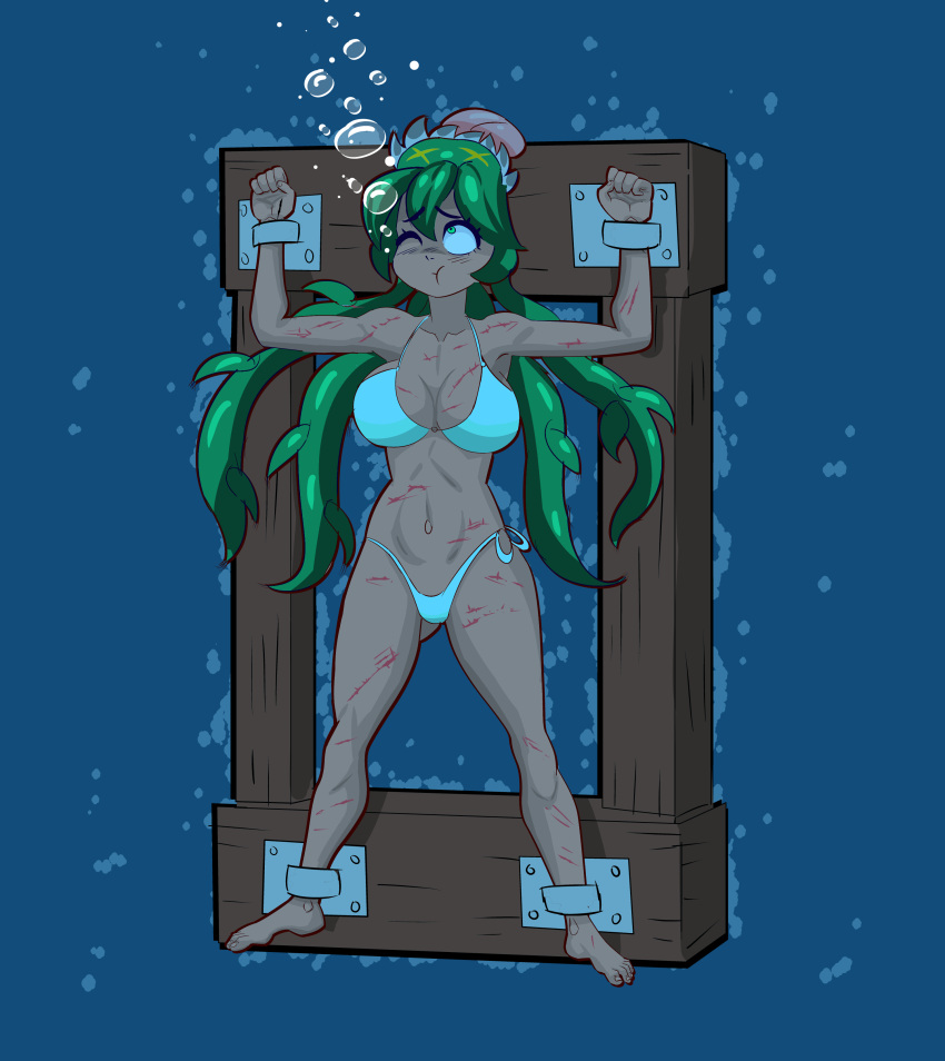 1girls air_bubbles asphyxiation bondage bound breasts bubble commission dark_skin drowning feet fukua_(skullgirls) green_hair holding_breath long_hair markustercero parasite peril puffy_cheeks scar shamone_(skullgirls) skullgirls swimsuit thighs thong underwater