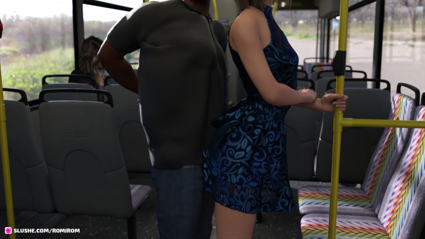 1boy 1boy1girl 1girls 2020 3d blonde_hair blue_dress bus bus_interior clothed clothed_sex clothing covered_penetration dark-skinned_male dress female female_focus from_behind_position lipstick male public public_sex red_lipstick romirom sex_under_skirt side_view slushe_(website) solo_focus standing_sex stealth_sex straight surprised vehicle_interior