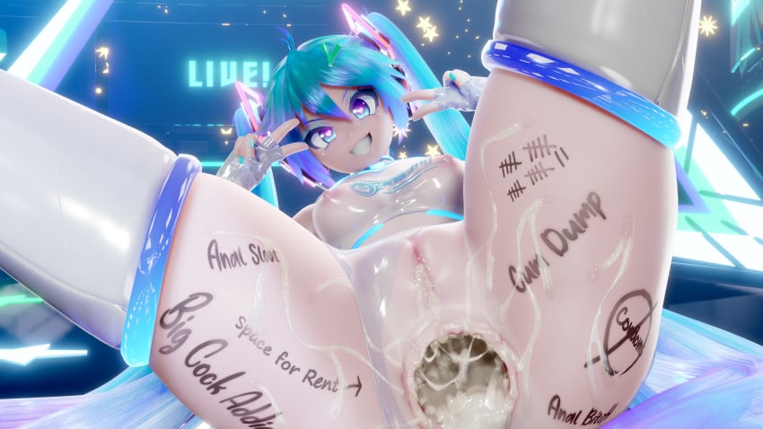 3d after_anal anal anal_slut ass_grope blender body_writing cum cum_in_ass cum_in_pussy double_v gaping gaping_anus hatsune_miku heart-shaped_pupils mantis_x no_condom perky_nipples petite petite_body petite_breasts petite_female smile smiling v_sign vocaloid