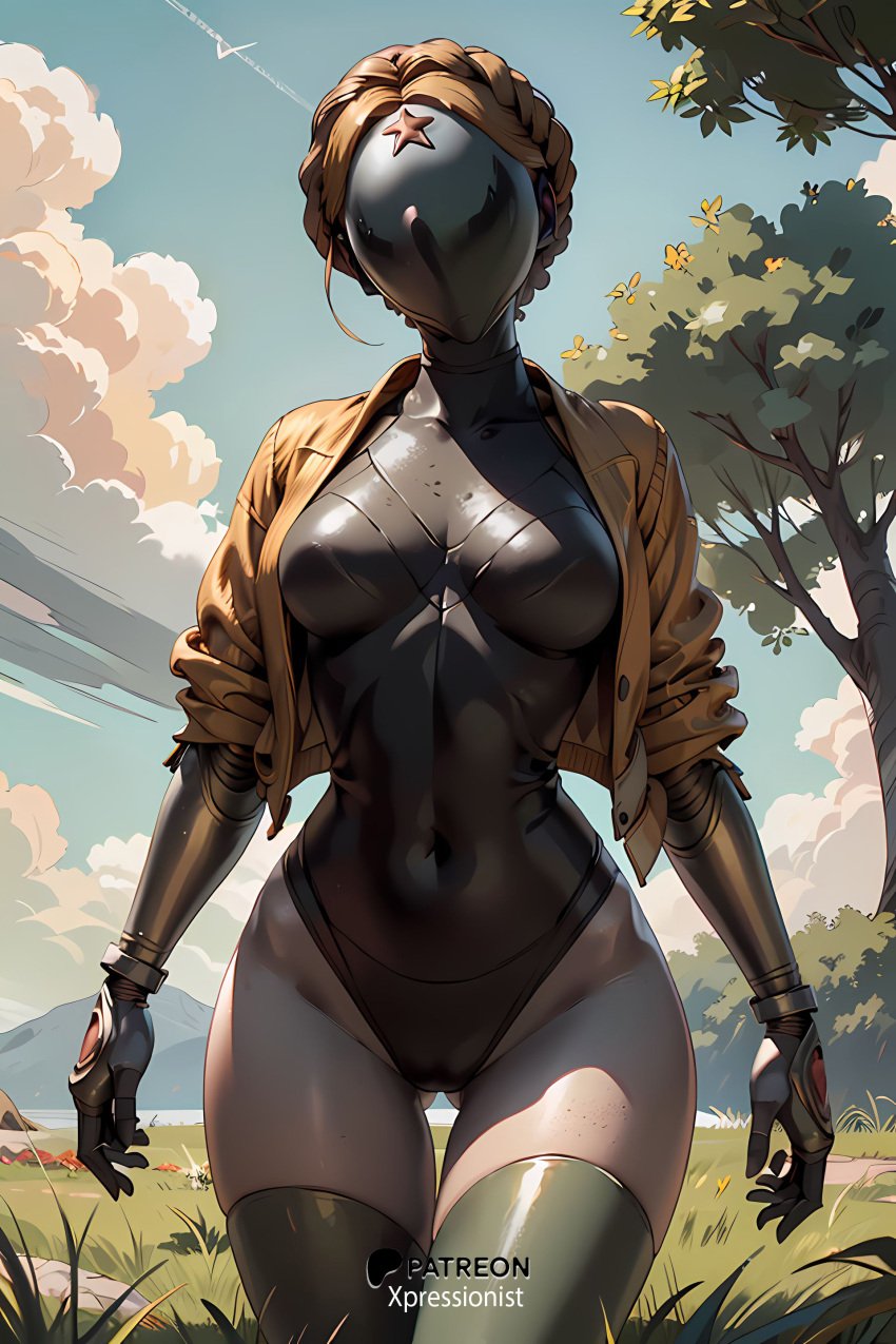 ai_generated atomic_heart black_leotard blonde_hair braid cropped_jacket female female_robot gold_jacket gynoid left_(atomic_heart) leotard no_face robot robot_girl straight-on thick_thighs thigh_gap xpressionist