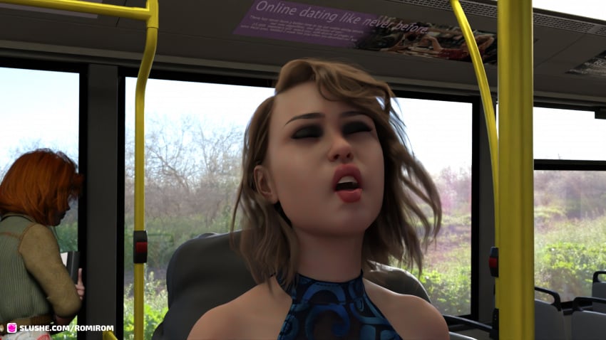 2020 3d blonde_hair blue_dress bus bus_interior clothed clothed_sex clothing dark-skinned_male dress female female_focus lipstick public public_sex red_lipstick romirom slushe_(website) solo_focus straight vehicle_interior