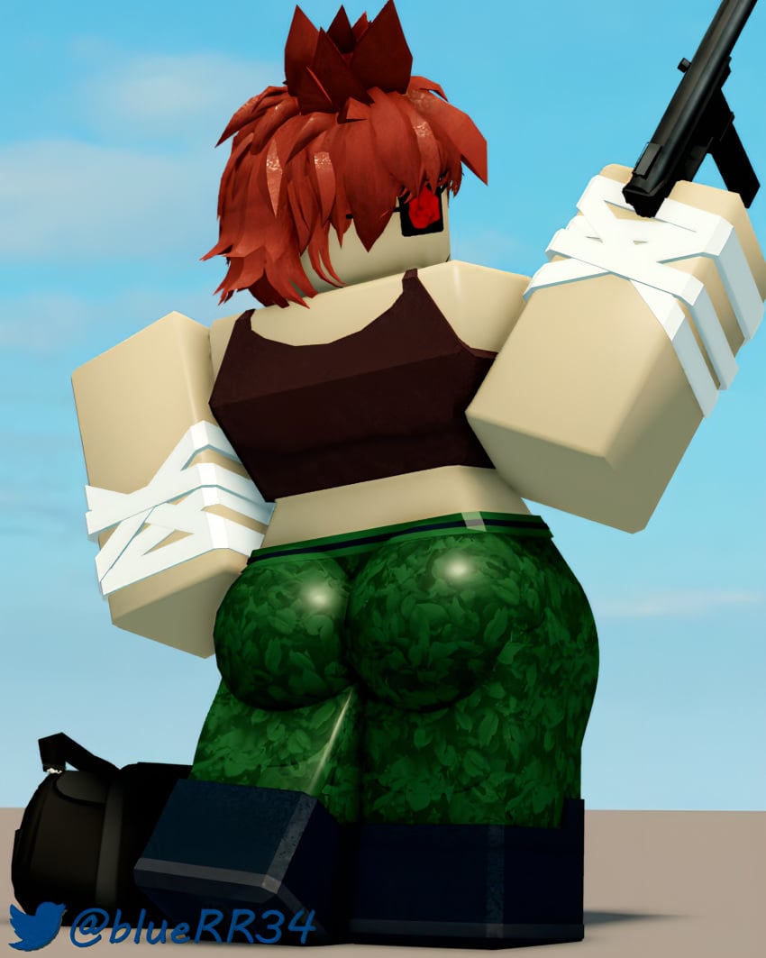 1girls 3d back_view bandage bandaged_arm belt big_ass bluerr34 boots brown_tank_top camouflage_pants clouds daytime duffel_bag expressionless eye_patch firearm gun hair_covering_face jane_doe_(mutation) looking_back mutation_(roblox) neutral_expression pistol red_hair roblox roblox_game robloxian rose_(flower) spiky_hair standing thick_thighs tight_pants white_skin