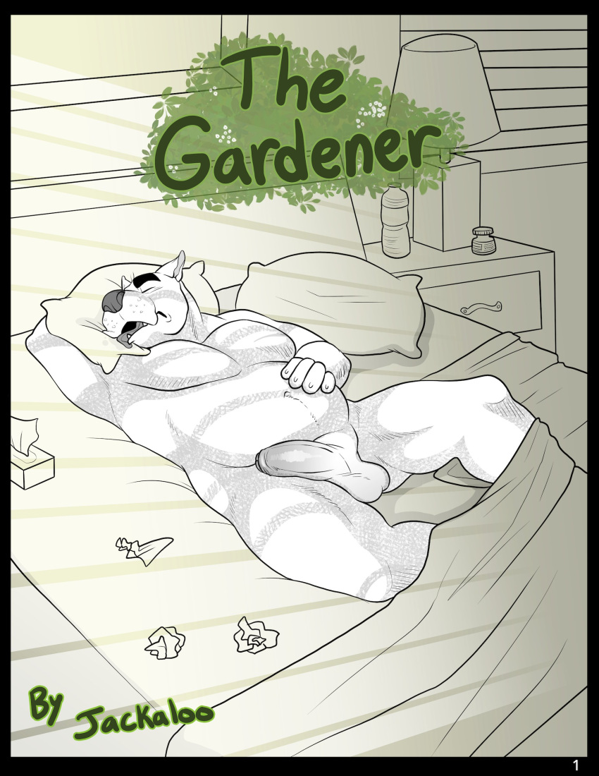 absurd_res anthro balls bed bed_sheet bedding bedroom bull_terrier canid canine canis closed_eyes comic cover cover_art cover_page domestic_dog emery_waldren english_text flaccid furniture genitals head_on_pillow hi_res humanoid_genitalia humanoid_penis hunting_dog inside jackaloo lamp lying lying_on_bed male male_only mammal mature_anthro mature_male monochrome nude on_bed page_1 penis sleeping solo terrier text the_gardener_(jackaloo) tissue_box tongue tongue_out used_tissue water_bottle