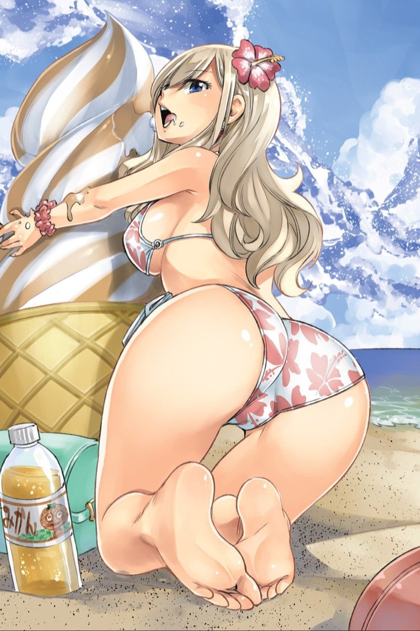 1girls ashy_hair ass ass_focus barette big_ass big_breasts blonde_hair blue_eyes bottom_view butt butt_focus detailed_background edens_zero feet full_body hiro_mashima ice_cream licking_lips mashima_hiro rebecca_bluegarden sand solo swimsuit tagme thick_thighs