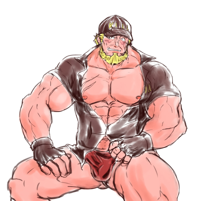 balls bara beard bulge cells_at_work cells_at_work_code_black clothing facial_hair hat hataraku_saibou hataraku_saibou_black killer_t_cell male male_only minatsumi muscles muscular penis scar scar_on_face sitting solo solo_male spread_legs