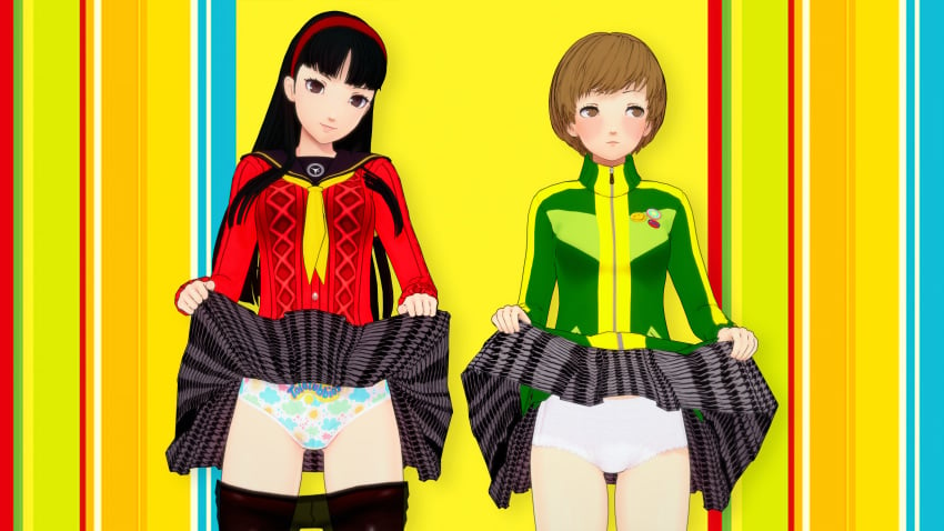 2girls 3d accurate_art_style amagi_yukiko amber_eyes black_hair blush brown_eyes brown_hair childish_panties embarrassed euf exposed exposing_self fair_skin frilled_panties humiliation lifting_skirt long_hair looking_at_viewer looking_away onagazgreat panties persona persona_4 print_panties satonaka_chie self_exposure short_hair skirt_lift skirt_up tights_down underwear