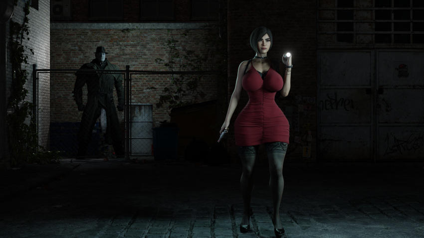 1boy 1girls 3d 3d_(artwork) ada_wong ada_wong_(adriana) alley alternate_body_type alternate_breast_size asian_female being_watched black_heels black_legwear black_stockings bracelet brick_wall broad_shoulders capcom child_bearing_hips curvy erect_nipples erection exposed_penis eyelashes eyeliner fedora female flashlight half-erect half-mast hanging_penis hat heels height_difference holding_object holding_pistol huge_ass huge_breasts human hyper_hips imminent_rape imminent_sex lace-trimmed_legwear large_breasts large_penis larger_male legwear long_penis male mr_x muscular_male night outdoors outside penis penis_out penis_through_fly pistol red_dress red_vest resident_evil resident_evil_2 resident_evil_2_remake semi-erect short_dress size_difference smaller_female stockings straight street thick_thighs thighhighs trenchcoat wasp_waist wide_hips wide_shoulders wristwatch xxxpervertxxx