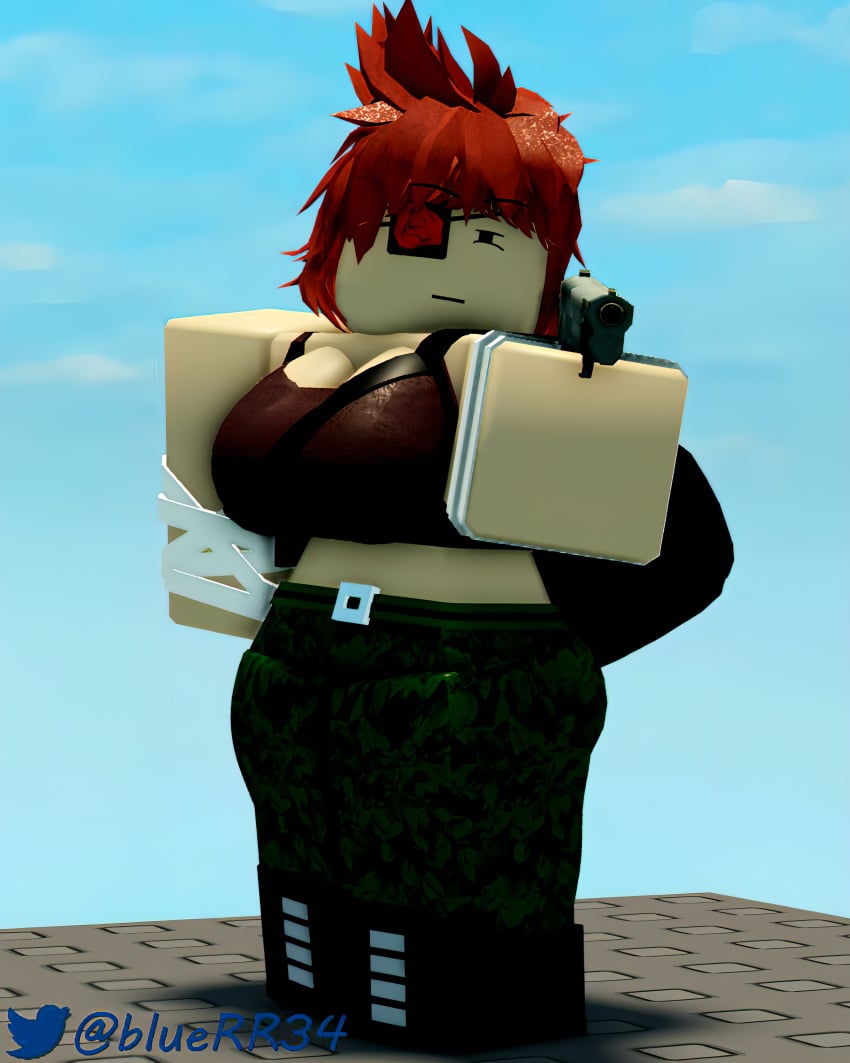 1girls 3d aiming_at_another aiming_weapon bandage bandaged_arm belt belt_buckle big_breasts bluerr34 boots brown_tank_top camouflage_pants clouds daytime duffel_bag expressionless eye_patch firearm gun hair_covering_face jane_doe_(mutation) mutation_(roblox) neutral_expression pistol red_hair roblox roblox_game robloxian rose_(flower) spiky_hair squinting standing thick_thighs white_skin