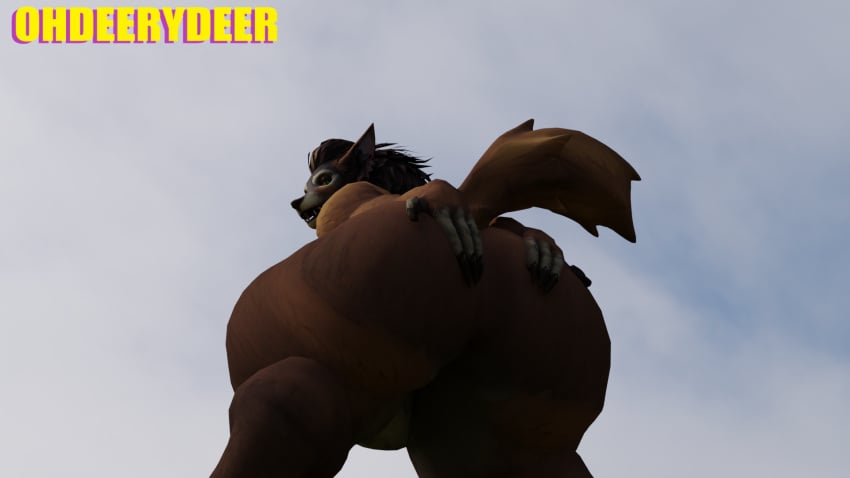 16:9 anthro ass big_butt blender_(software) blizzard_entertainment brown_body brown_fur canid female fur happy hi_res looking_down mammal ohdeerydeer overweight sky solo spread_butt spreading tail tail_motion tailwag thick_thighs warcraft were werecanid widescreen worgen