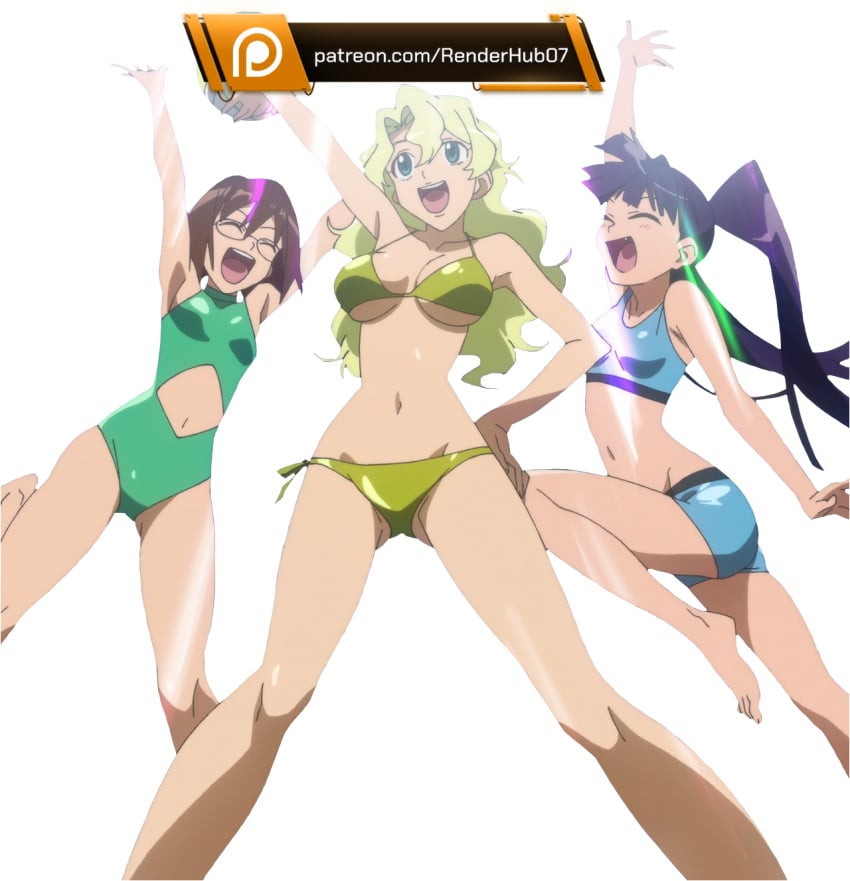 00s 3girls arms_up bikini blonde_hair blush breasts brown_hair clothing_cutout glasses highres kinon_bachika kiyal_bachika kiyoh_ritona legs multiple_girls navel navel_cutout one-piece_swimsuit patreon purple_hair renderhub07 screencap siblings side-tie_bikini_bottom sisters smile stitched swimsuit tengen_toppa_gurren-lagann tengen_toppa_gurren_lagann thighs third-party_edit transparent_background twintails underboob volleyball