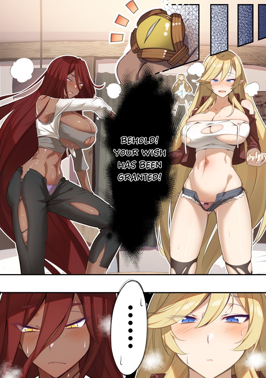 3girls aislinn_(new_salem) ass ass_expansion bedroom big_breasts blonde_hair blue_eyes blush breast_expansion clothed clothing cluseller color comic dark-skinned_female dark_skin elf elf_ears elf_female english_text female female_focus female_only gina_(new_salem) hi_res jane_(new_salem) large_breasts light-skinned_female light_skin long_hair looking_at_another multiple_girls new_salem page_8 panties red_hair ripped_clothing solo_female sweat tagme talking text text_bubble thick_thighs transformation yellow_eyes