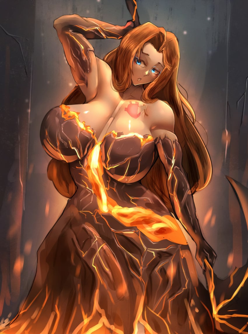 1girls big_breasts blue_eyes brown_hair busty cleavage clothing lava limbus_company long_hair magma manob0028 outfit project_moon rodion_(limbus_company) solo standing tattoo upscaled voluptuous