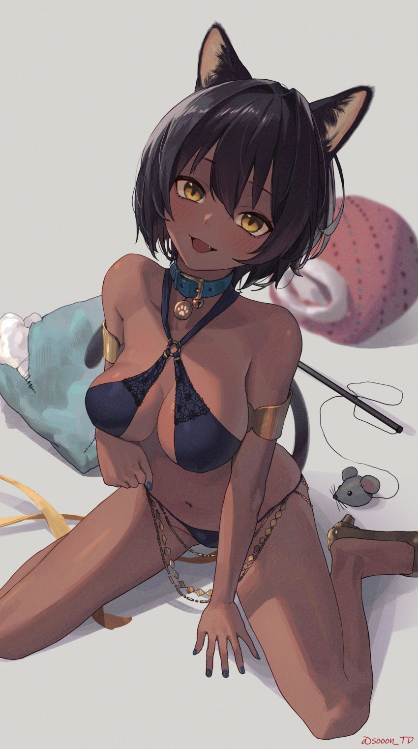 :d absurd_res absurdres animal_ear_fluff animal_ears arm_band arm_support armlet arms bare_shoulders black_bra black_fingernails black_hair black_hair_female black_nail_polish black_nails black_panties black_underwear blue_nails blush blush_lines bra breasts brown_footwear buckle cat_ears cat_girl cat_tail cat_teaser chest cleavage collar collarbone cute_fang dark-skinned_female dark_skin feet female fingernails fingers grey_background hair_between_eyes hands head_tilt hi_res high_heels high_resolution highres hijiki_(deriku4) hourglass_figure legs looking_at_viewer m_legs medium_breasts midriff mouse nail_polish navel neck o-ring o-ring_top oerba_yun_fang open_mouth original painted_nails panties pillow shiny_skin short_hair shoulders simple_background sitting sitting_down sitting_on_floor sitting_on_knees slender_body slender_waist slim_girl slim_waist smile smiling_at_viewer solo sooon tail thick_thighs thighs thin_waist twitter_username underwear underwear_only waist wariza yellow_eyes yellow_eyes_female