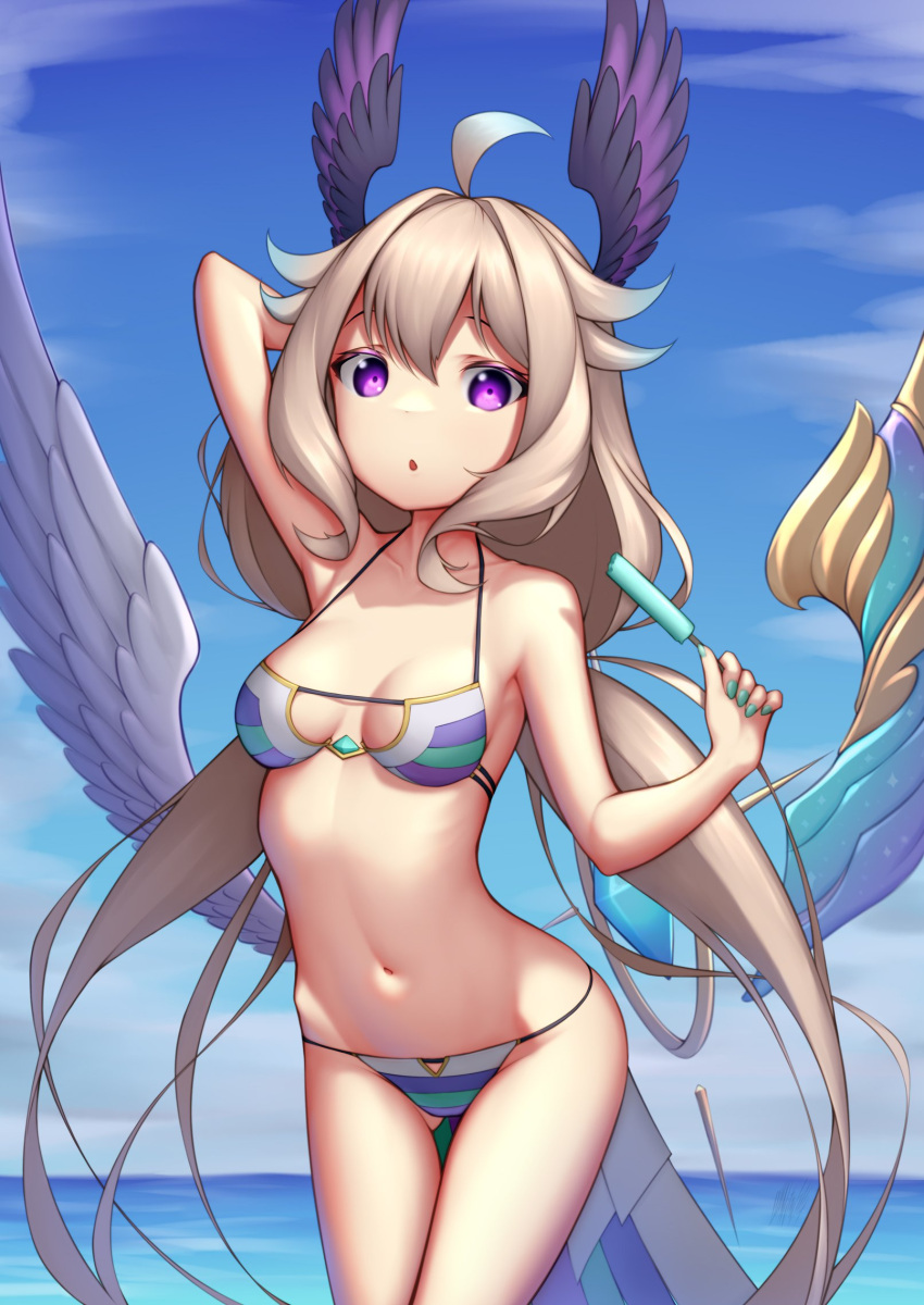 angel_wings arm_behind_head armpits belly_button bikini enna_alouette hair_wings mechanical_wings midriff navel nijisanji nijisanji_en nitrus14 petite popsicle purple_eyes sea small_breasts swimsuit swimwear tummy virtual_youtuber white_hair wings