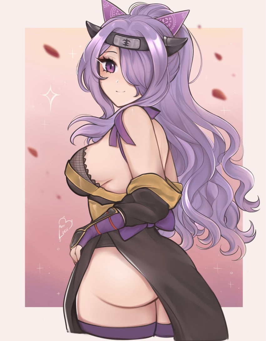 1girls 2023 alternate_costume alternate_hairstyle artist_name ass big_ass breasts camilla_(fire_emblem) camilla_(ninja)_(fire_emblem) cleavage fake_horns female female_only fingerless_gloves fire_emblem fire_emblem_fates fire_emblem_heroes gloves hair_ornament hair_over_one_eye headband highres light_skin light_skinned_female long_hair looking_at_viewer looking_back medium_breasts ninja nintendo official_alternate_costume official_alternate_hairstyle petals ponytail purple_eyes purple_hair purrlucii sideboob smile solo thick_thighs thighhighs watermark wavy_hair