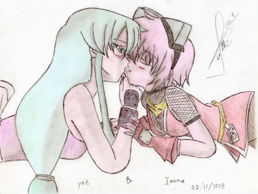 2008 2009 artist_signature blush chibby-tonx closed_eyes colored crossover dated ganbare_goemon green_eyes green_hair izuna kissing laying_down leaning_forward legend_of_the_unemployed_ninja long_hair on_stomach pink_hair short_hair sketch yae_(ganbare_goemon) yuri