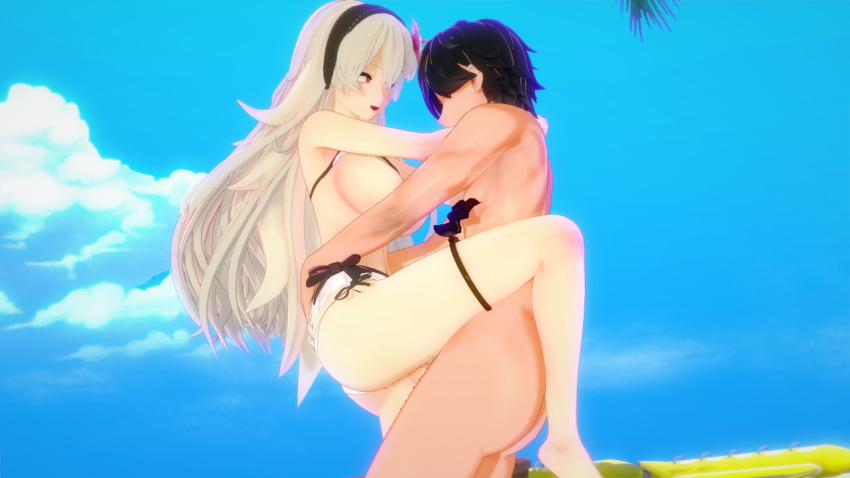 1boy 1girls 3d alternate_costume ass beach big_ass bikini blonde_hair breasts breasts_out censored corrin_(female)_(summer)_(fire_emblem) corrin_(fire_emblem) corrin_(fire_emblem)_(female) female fire_emblem fire_emblem_fates fire_emblem_heroes flower hair_flower hairband large_breasts long_hair male natsuko nintendo official_alternate_costume open_mouth outdoors penis pussy red_eyes sex smile stand_and_carry_position swimsuit vaginal_penetration very_long_hair white_bikini white_swimsuit