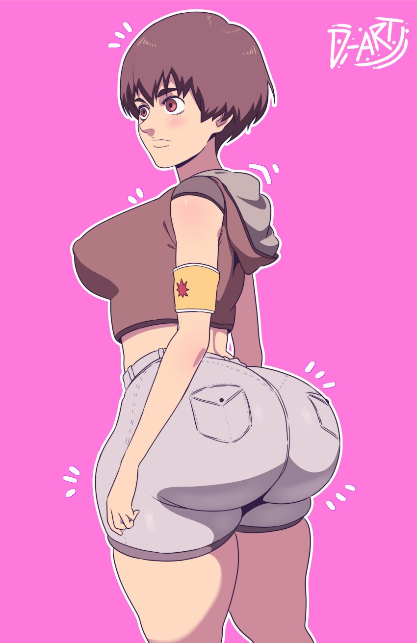 1girls 3rd_party_edit absurd_res alternate_hairstyle ass attack_on_titan big_ass big_breasts big_butt bottom_heavy breasts brown_eyes brown_hair d-art eldian_armband female fully_clothed gabi_braun high_resolution huge_ass nipple_bulge nipples shingeki_no_kyojin short_hair shorts solo standing thick_thighs white_female