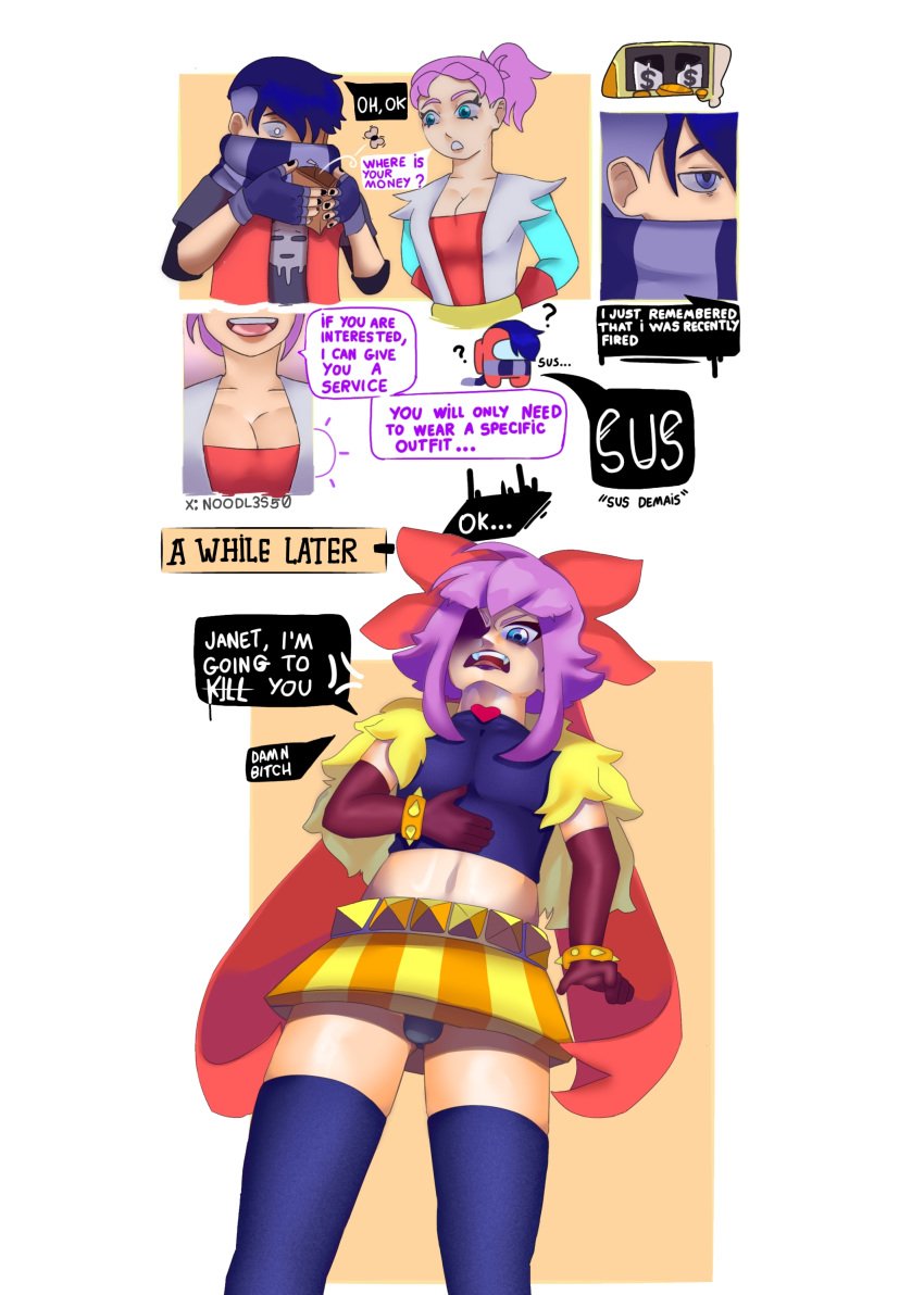 1boy 1girls among_us angry_face big_breasts big_thighs brawl_stars comic edgar_(brawl_stars) female femboy janet_(brawl_stars) male melodie_(brawl_stars) noodl3s supercell trap upskirt