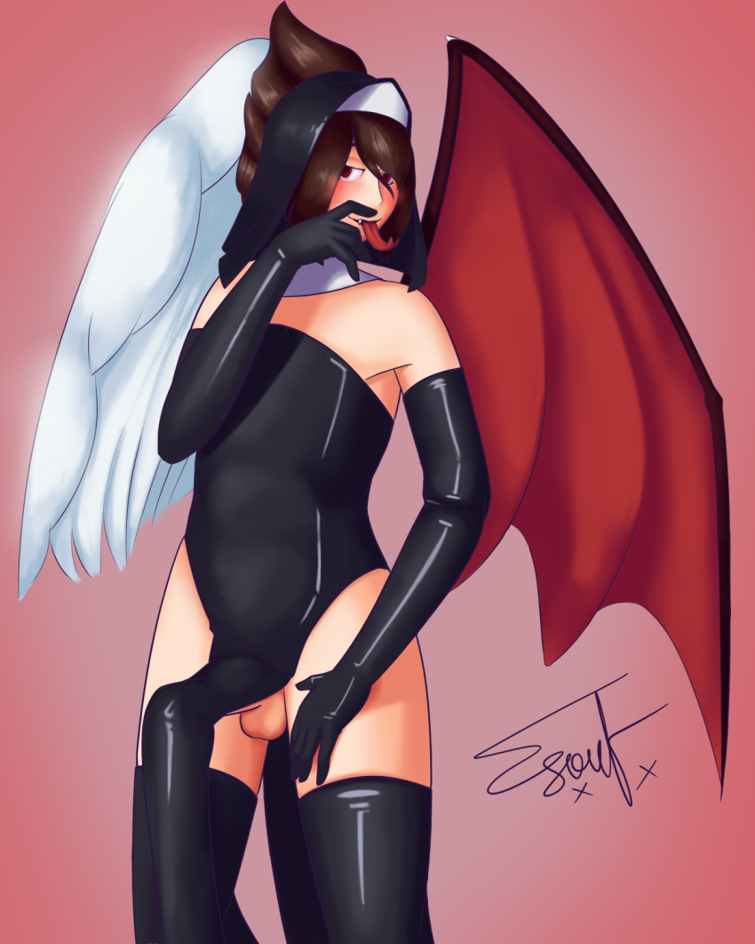 1boy angel armwear clothed clothing demon exsoulfx femboy genitals girly hair hi_res humanoid legwear male male_only nephilim nun_outfit partially_clothed penis ponytail raven_(raven) red_eyes simple_background small_penis solo succubus thigh_highs wings