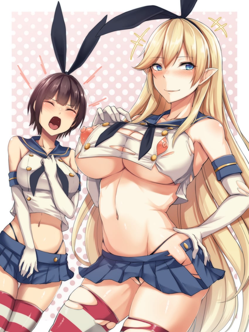 1girls bare_shoulders big_breasts blonde_hair blue_eyes blush brown_hair bunny_ears clothed clothing color elf elf_ears elf_female female female_focus female_only gloves hi_res hirno jane_(new_salem) large_breasts light-skinned_female light_skin long_hair looking_at_viewer new_salem nipples open_mouth panties ripped_clothing ripped_clothing shimakaze_(kantai_collection)_(cosplay) short_hair solo solo_female tagme thick_thighs transformation