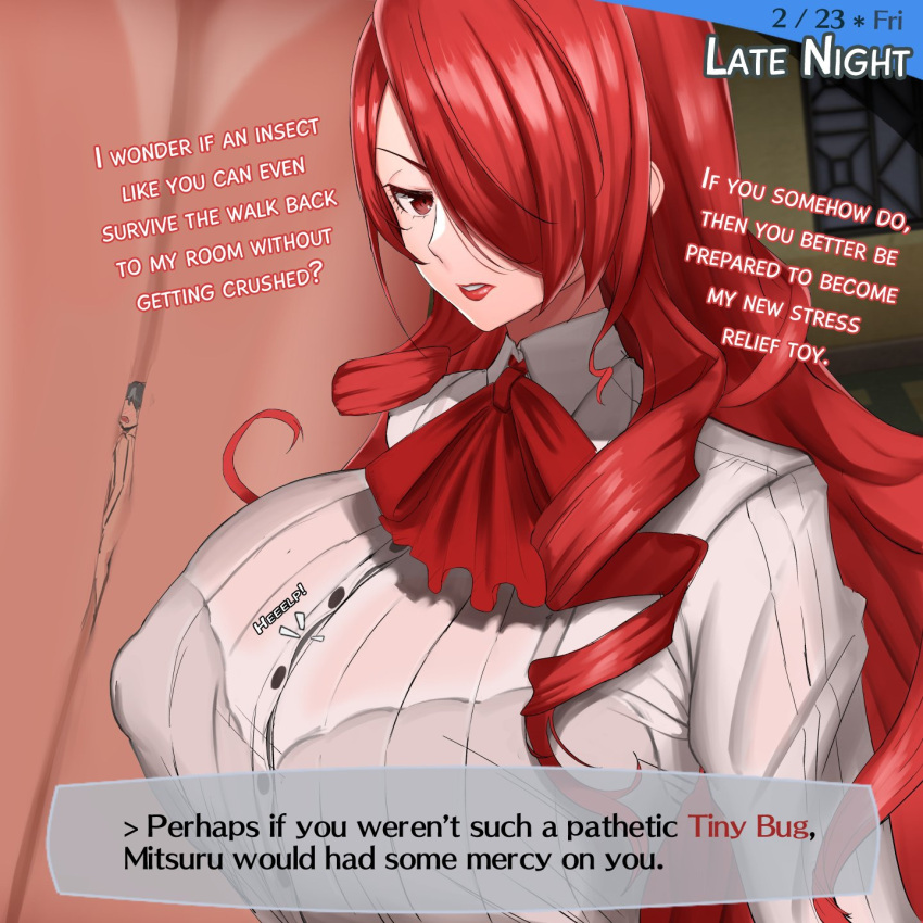 1boy 1girls 2d anybrody artist_request between_breasts brown_eyes clothed_female color degradation_text game_ui giantess large_breasts larger_female long_hair mitsuru_kirijo nipple_bulge nude_male persona persona_3 red_hair size_difference smaller_male text third-party_edit tiny_male