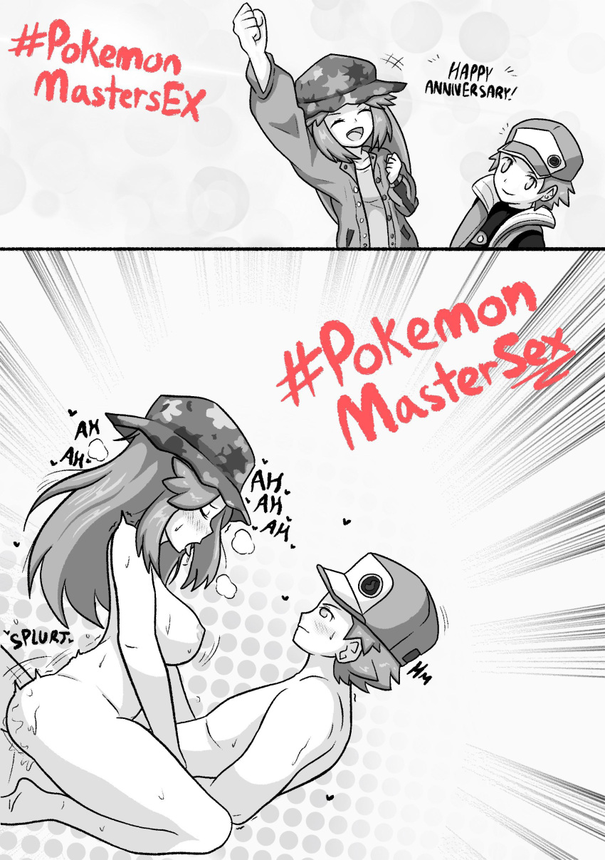 1boy 1girls anniversary arm_up blush breasts cowgirl_position floral_print greyscale hand_up hat heart human_only leaf_(pokemon) long_sleeves lying male/female mimic_yous monochrome nintendo notice_lines nude pokemon pokemon_masters pokemon_masters_ex red_(pokemon) sex sleeveless_jacket smile straight sweat sygna_suit_leaf sygna_suit_red