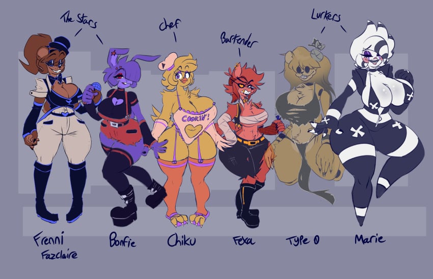 2d 2d_(artwork) 6girls abs animatronic animatronic_female apron bandaged_chest beak bear big_breasts big_butt bikini_top black_eyes blue_eyeshadow bonfie bonfie_(cryptia) bonnie_(cally3d) bonnie_(fnaf) boob_window boots bowtie cally3d chef_hat chica_(cally3d) chica_(fnaf) chicken chiku chiku_(cryptia) cleavage cryptiacurves eyepatch fazclaire's_nightclub fexa fexa_(cryptia) five_nights_at_freddy's fox foxy_(cally3d) foxy_(fnaf) freddy_(fnaf) fredina's_nightclub fredina_(cally3d) frenni_(cryptia) frenni_fazclaire furry garter_straps ghost golden_freddy_(fnaf) golden_fredina_(cally3d) loincloth marie_(cally3d) marie_(cryptia) marionette_(fnaf) massive_breasts nightclub puppet puppet_(cally3d) puppet_(fnaf) purple_eyeshadow rabbit red_eyeshadow ripped_clothing ripped_pants ripped_shirt robot_girl scottgames suit tagme tight_clothing top_hat transparent type_0