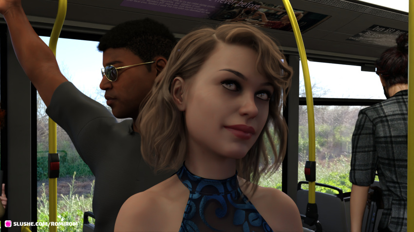 2020 3d blonde_hair blue_dress bus bus_interior clothed clothing dark-skinned_male dress female female_focus lipstick public red_lipstick romirom slushe_(website) solo_focus vehicle_interior