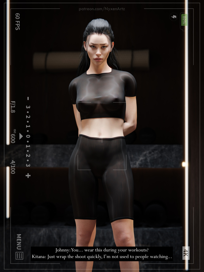 bike_shorts caption gym gym_clothes gym_shorts johnny_cage kitana kitana_(new_era) mortal_kombat mortal_kombat_1_(2023) nipple_bulge nipples nipples_visible_through_clothing nyxenartz photoshoot see-through see-through_clothing tight_clothes tight_clothing tight_fit tights