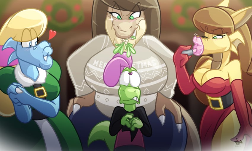 1boy 3_girls_on_1_boy 3girls alice_(jamearts) applying_lipstick applying_makeup belt belt_buckle big_lips blonde_hair blue_body blue_eyes blue_skin blush blush_lines brown_hair christmas diana_(jamearts) furry green_body green_clothing green_eyes green_skin hair_ribbon jamearts jimmy_(jamearts) large_breasts larger_female lipstick mistletoe nervous nervous_sweat one_eye_closed pink_lips pink_lipstick rebecca_(jamearts) red_clothing rounded_leaves saliva size_difference surrounded surrounded_by_women sweater tan_body tan_skin teacher_and_student topwear white_berries wide_hips wink winking winking_at_partner yellow_body yellow_skin