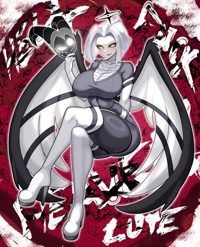 1angel 1girls angel angel_girl angel_wings aureola big_breasts blush breasts_bigger_than_head clothed clothing color female female_focus female_only glowing_eyes hazbin_hotel helmet hi_res large_breasts light-skinned_female light_skin looking_at_viewer lute_(hazbin_hotel) nez-box short_hair solo solo_female tagme thick_thighs white_hair yellow_eyes