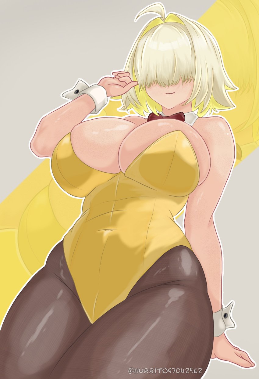 absurdres breasts burrito631 elegg_(nikke) female goddess_of_victory:_nikke highres large_breasts leotard pantyhose short_hair simple_background thick_thighs thighs yellow_leotard