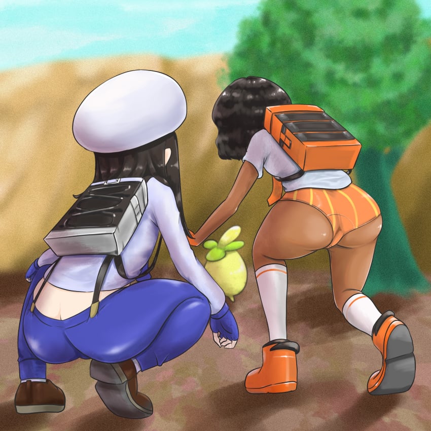 2girls ass ass_cleavage bubble_ass bushy_hair butt_crack clothing crouching female female_focus female_only huge_ass human juliana_(pokemon) long_hair microsd_(artist) multiple_girls nintendo pokémon_(species) pokemon pokemon_sv short_shorts smoliv