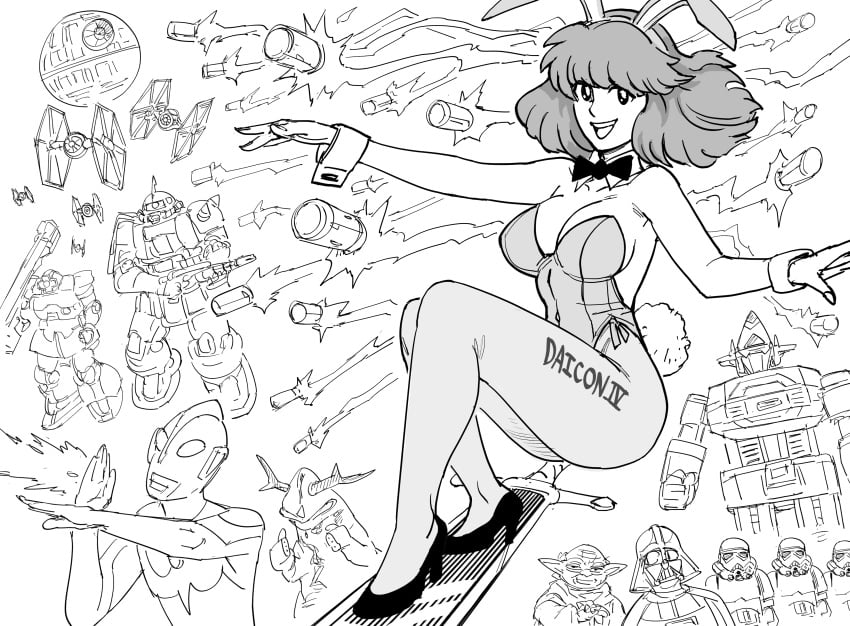 bb_(baalbuddy) bunny_ears bunnysuit daicon_girl daicon_iv darth_vader death_star dom_(gundam) eleking fluffy_hair gundam high_heels kagaku_sentai_dynaman large_ass large_breasts missile monochrome star_wars stormtrooper super_sentai surfing tagme tie_fighter transformers ultraman ultraman_(franchise) yoda yoda's_species zaku_ii