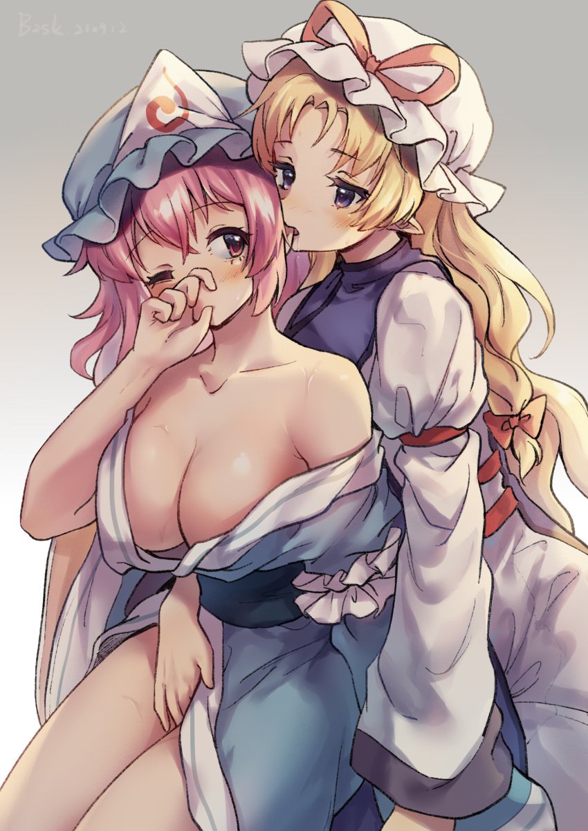 2girls absurdres arm_strap artist_name backlighting baozishark behind_another between_legs biting blonde_hair blue_headwear blue_kimono blush breasts cleavage collarbone covering_own_mouth dated dress ear_biting eye_reflection gradient_background grey_background hair_between_eyes hair_intakes half-closed_eyes hand_between_legs hand_over_own_mouth hat hat_ribbon highres imminent_fingering japanese_clothes kimono large_breasts long_hair long_sleeves looking_at_another looking_back mature_female medium_hair milf mob_cap multiple_girls open_clothes open_kimono parted_bangs pink_eyes pink_hair pointy_ears red_ribbon reflection ribbon saigyouji_yuyuko sweat tabard thighs touhou triangular_headpiece very_long_hair white_dress white_headwear yakumo_yukari yukari_yakumo yuri yuyuko_saigyouji