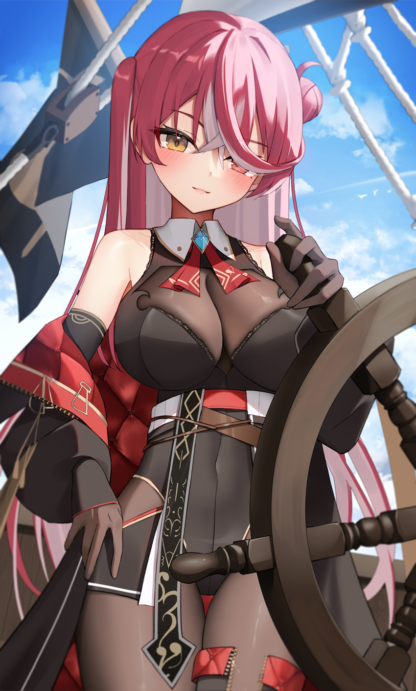 1girls bare_shoulders black_gloves black_jacket black_legwear blush bodystocking breasts colored_inner_hair covered_navel hair_bun hair_over_one_eye heterochromia hololive hololive_fantasy hololive_japan houshou_marine large_breasts long_hair multicolored_hair off_shoulder pink_hair red_eyes red_hair see-through see-through_cleavage smile solo thomas_8000 virtual_youtuber yellow_eyes