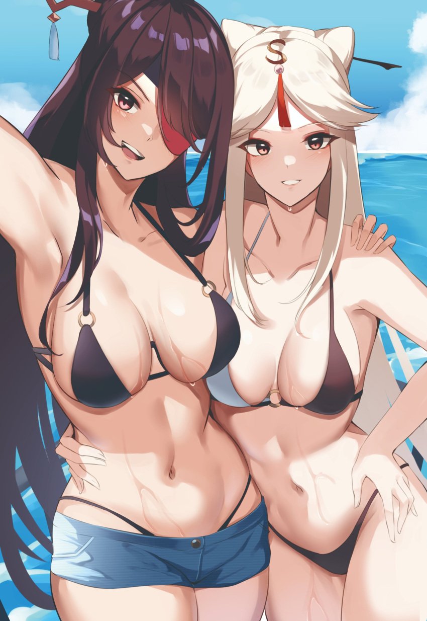 2girls adult arm_around_another's_waist armpits arms_around_waist bare_arms bare_legs bare_midriff bare_shoulders bare_thighs beidou_(genshin_impact) belly belly_button bikini black_bikini black_bikini_bottom black_bikini_top black_hair black_hair_female black_swimsuit black_swimwear blue_sky blush breasts cleavage clouds collarbone dot_nose eyepatch female female_focus female_only fingers genshin_impact groin hand_on_another's_shoulder hand_on_shoulder hand_on_waist haneramu high_resolution highres hourglass_figure jean_shorts large_breasts legs light-skinned_female light_skin long_hair looking_at_viewer medium_breasts multiple_girls navel ningguang_(genshin_impact) ocean open_mouth pink_eyes pink_eyes_female red_eyepatch sea shorts shoulders sideboob sidelocks silver_hair silver_hair_female sky slender_body slender_waist slim_girl slim_waist smile smiling smiling_at_viewer standing string_bikini swimsuit swimwear thick_thighs thighs thin_waist upper_body v-line water wet white_hair white_hair_female