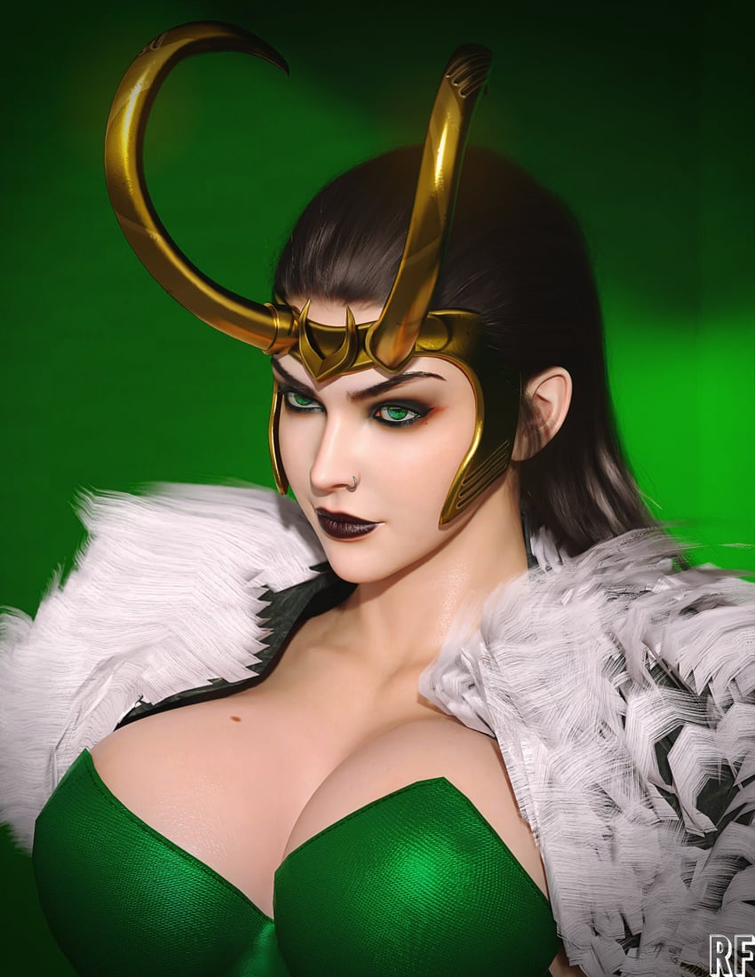 1girls 3d absurd_res black_hair black_lipstick breasts cleavage female female_only green_eyes hi_res lady_loki large_breasts lipstick marvel rude_frog rule_63 solo