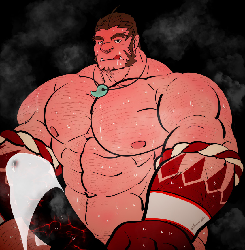 1boy :q absurdres alternate_pectoral_size bara blank_censor censored colored_skin cowboy_shot erection forked_eyebrows fundoshi gradient_skin hachimaki hairy headband highres huge_cock huge_pectorals japanese_clothes jewelry large_hands looking_at_viewer magatama magatama_necklace male_focus mature_male muscular muscular_male mutton_chops necklace nejiri_hachimaki nude penis precum precum_through_clothes red_skin short_hair solo sparse_arm_hair sparse_chest_hair strongman_waist sweat taigaabozusukii tajikarao_(tokyo_afterschool_summoners) thick_arms thick_eyebrows tokyo_afterschool_summoners tongue tongue_out tusks very_sweaty