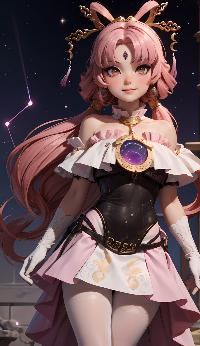 1girls ai_generated bare_shoulders blush constellation cortezian_generations cross-eyed dress female forehead_jewel fu_xuan_(honkai:_star_rail) gloves gold_eyes hair_ornament hairbow hi_res honkai:_star_rail honkai_(series) leash long_hair low_twintails night_sky patreon petite pink_hair small_breasts smile solo stars stockings tassel thick_thighs thighs twintails young