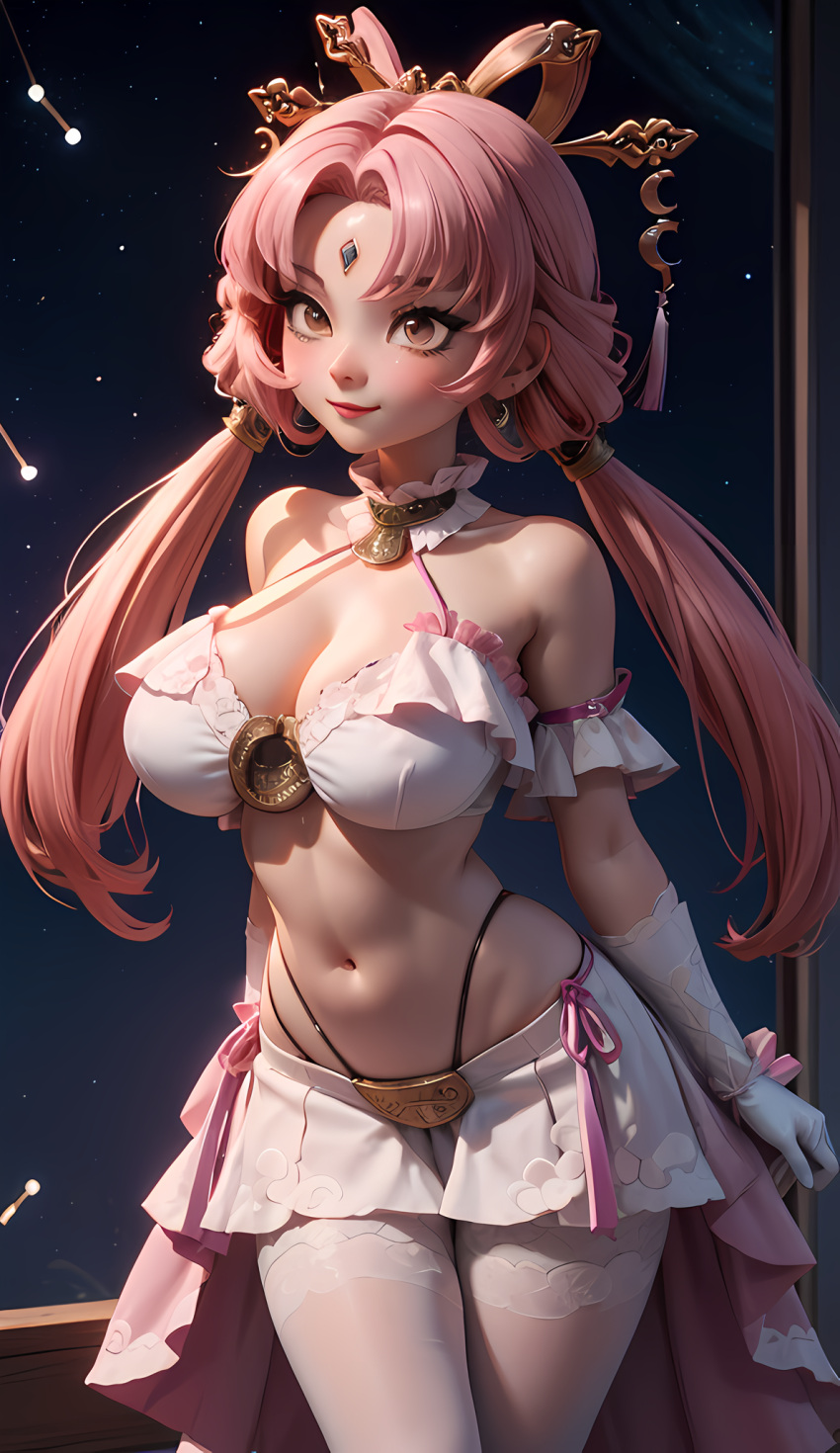 1girls ai_generated bare_midriff bare_shoulders big_breasts bikini_top blush constellation cortezian_generations cross-eyed female forehead_jewel frilled_bikini fu_xuan_(honkai:_star_rail) gloves gold_eyes hair_ornament hairbow hi_res honkai:_star_rail honkai_(series) leash long_hair low_twintails night_sky patreon petite pink_hair skirt smile solo stars stockings tassel thick_thighs thighs twintails young