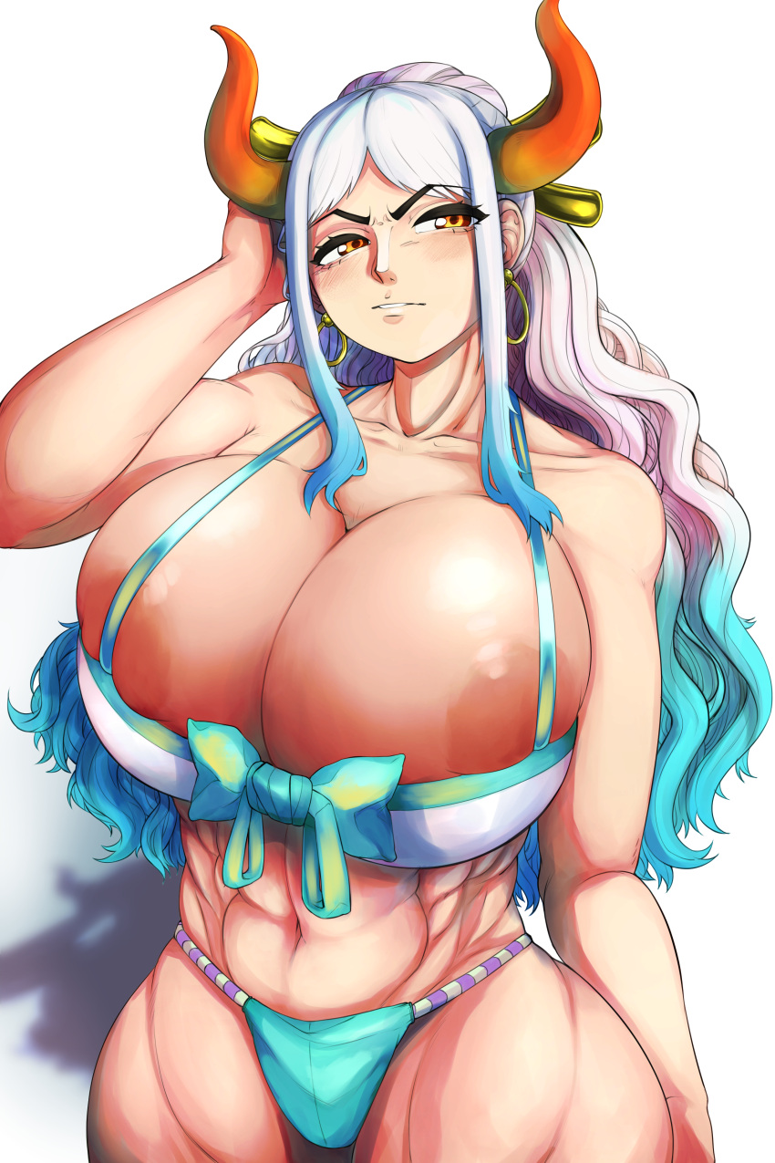 1girls abs absurd_res areola areola_slip areolae big_breasts bikini blush blush breasts confusion ear_piercing earrings female female_focus female_only hi_res highres horn horns huge_breasts large_breasts looking_at_viewer muscular one_piece simple_background solo solo_female solo_focus thick_thighs thighs tofo_u white_hair yamato_(one_piece)